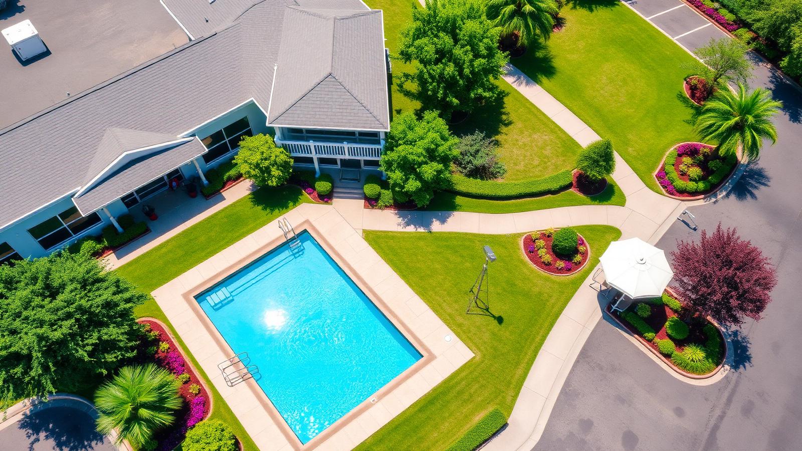 Well-maintained commercial property with landscaping and pool